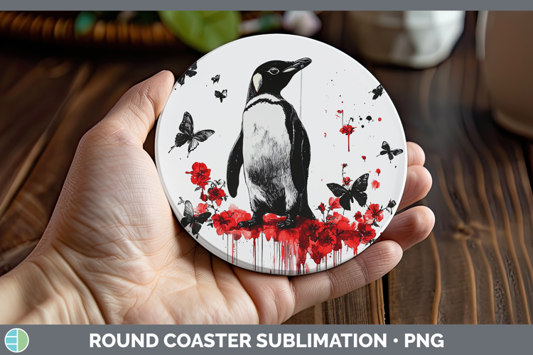 Penguin Animals Red Drips Round Coaster Sublimation Design