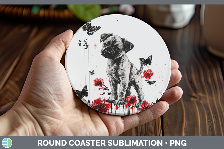 Puppy Animals Red Drips Round Coaster Sublimation Design