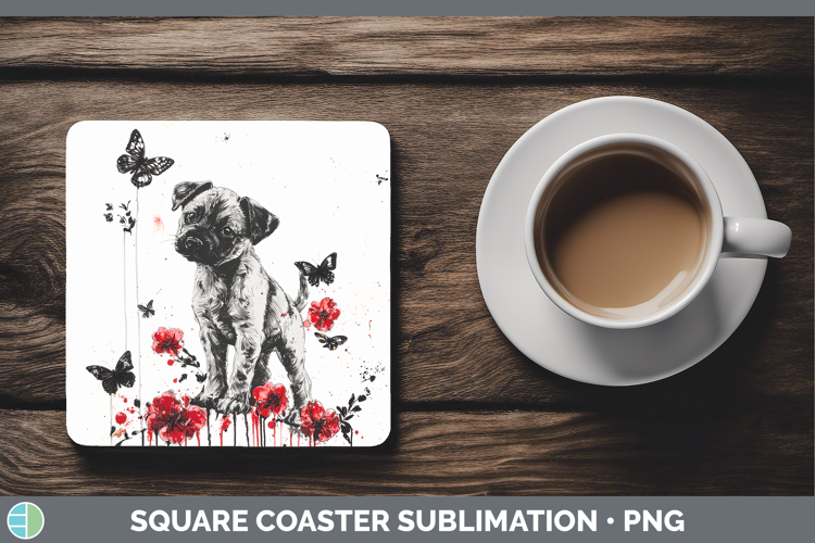 Puppy Animals Red Drips Square Coaster Sublimation Design