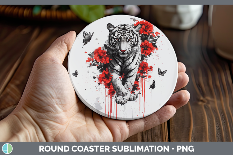 Tiger Animals Red Drips Round Coaster Sublimation Design