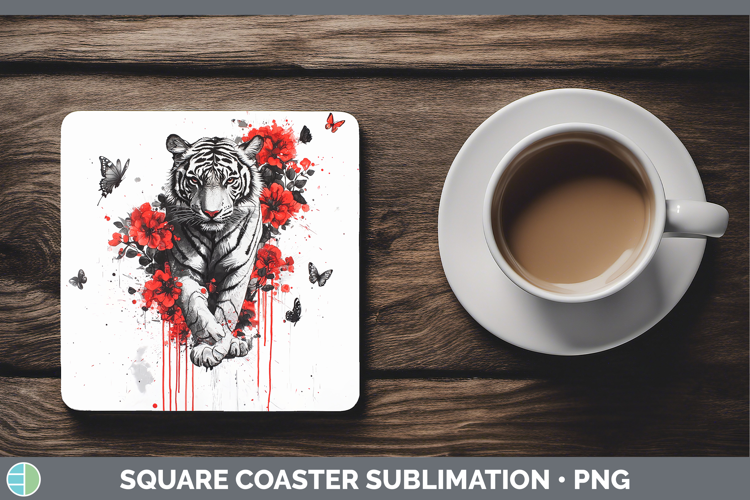 Tiger Animals Red Drips Square Coaster Sublimation Design