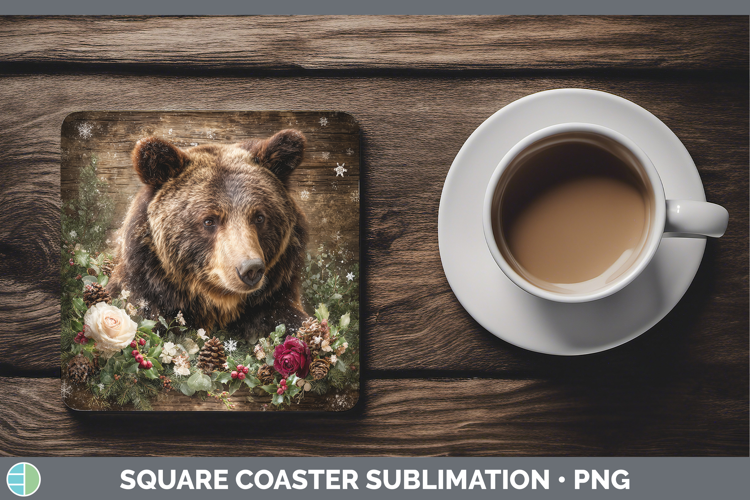 Bear Animals Rustic Christmas Square Coaster Sublimation Des