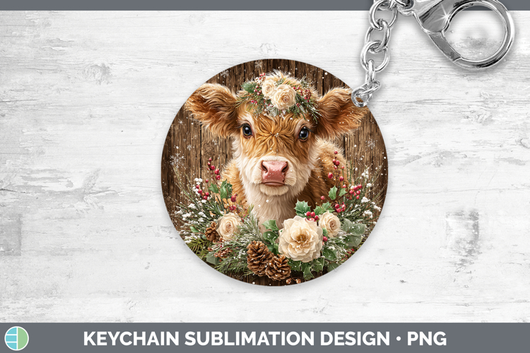 Cow Animals Rustic Christmas Keychain Sublimation Design