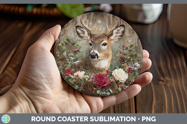 Deer Animals Rustic Christmas Round Coaster Sublimation Desi