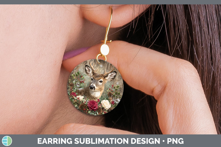 Deer Animals Rustic Christmas Round Earrings Sublimation Des