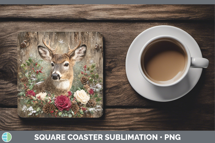 Deer Animals Rustic Christmas Square Coaster Sublimation Des