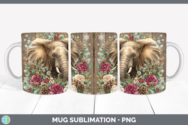 Elephant Animals Rustic Christmas Mug Wrap Sublimation Desig