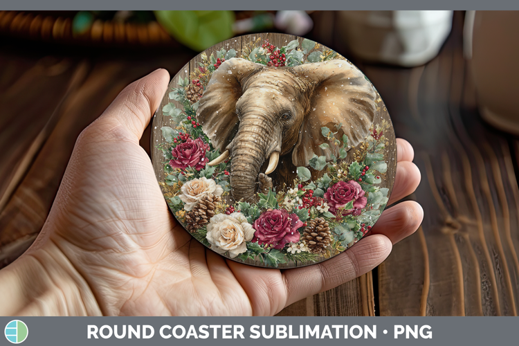 Elephant Animals Rustic Christmas Round Coaster Sublimation