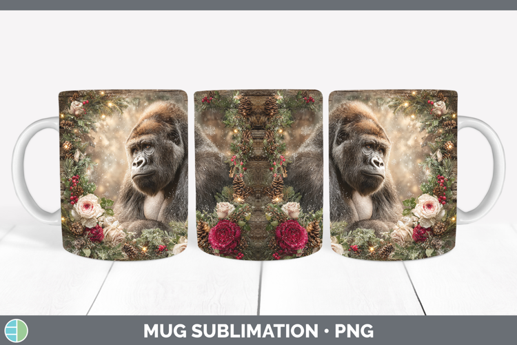 Gorilla Animals Rustic Christmas Mug Wrap Sublimation Design