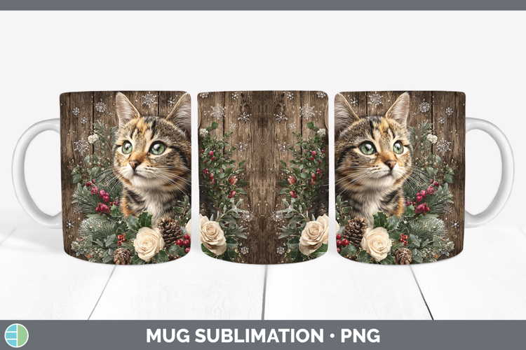 Kitten Animals Rustic Christmas Mug Wrap Sublimation Design