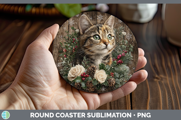 Kitten Animals Rustic Christmas Round Coaster Sublimation De