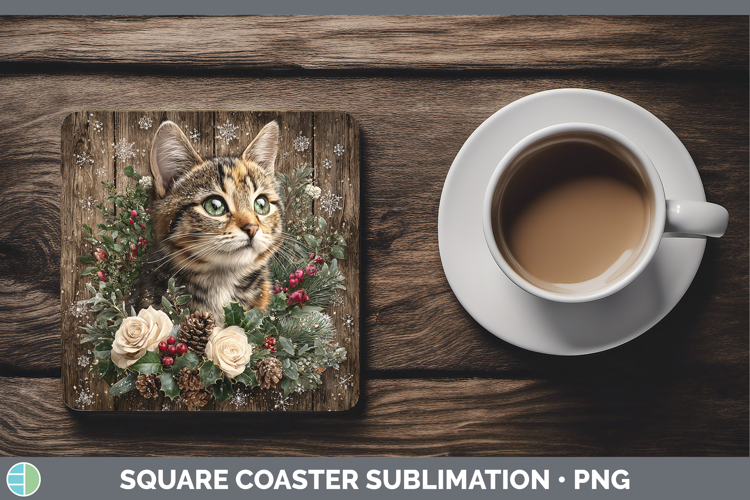 Kitten Animals Rustic Christmas Square Coaster Sublimation D
