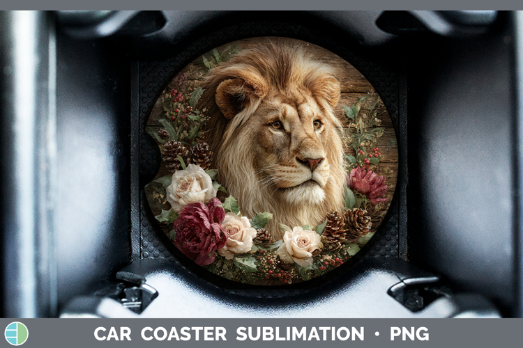 Lion Animals Rustic Christmas Car Coaster Sublimation Design