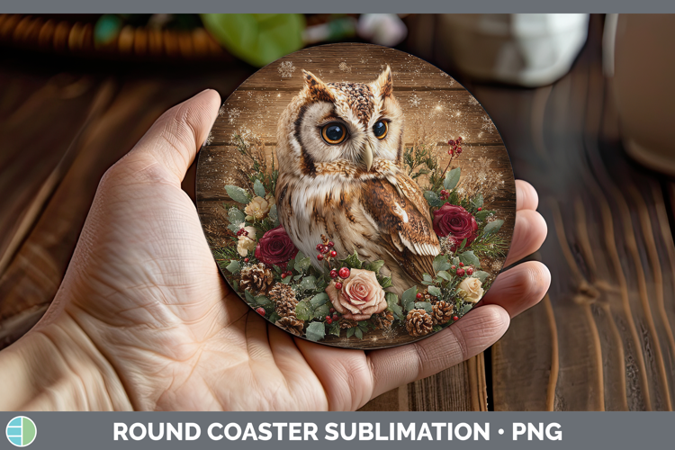 Owl Animals Rustic Christmas Round Coaster Sublimation Desig