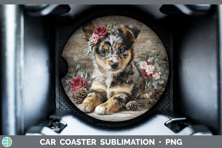 Puppy Animals Rustic Christmas Car Coaster Sublimation Desig