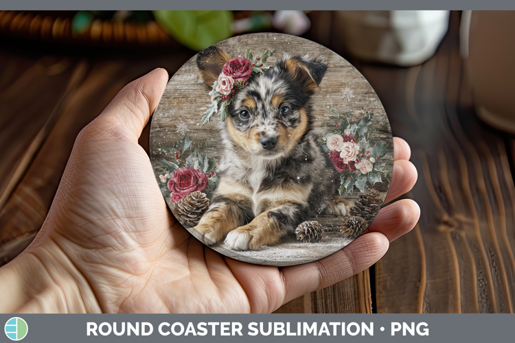 Puppy Animals Rustic Christmas Round Coaster Sublimation Des
