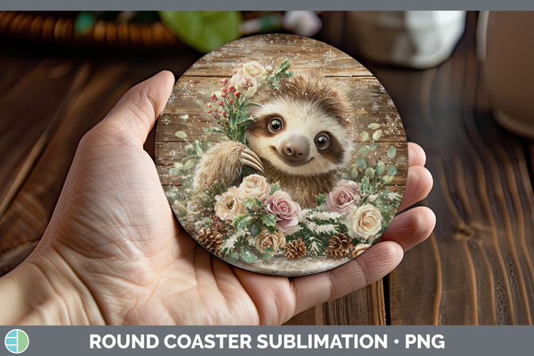 Sloth Animals Rustic Christmas Round Coaster Sublimation Des