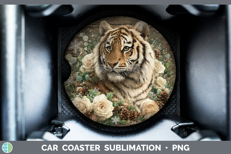 Tiger Animals Rustic Christmas Car Coaster Sublimation Desig