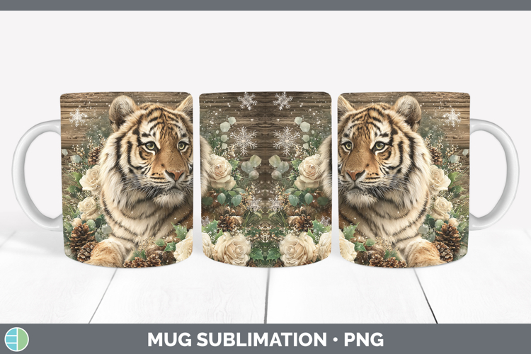 Tiger Animals Rustic Christmas Mug Wrap Sublimation Design