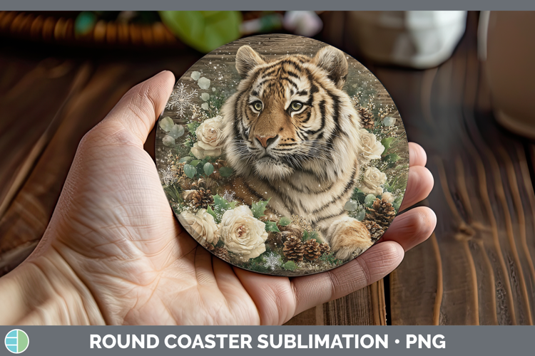 Tiger Animals Rustic Christmas Round Coaster Sublimation Des