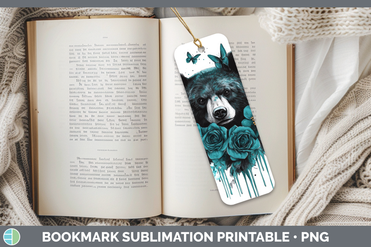Bear Bookmark Animals Teal Drips Sublimation Printable Desig