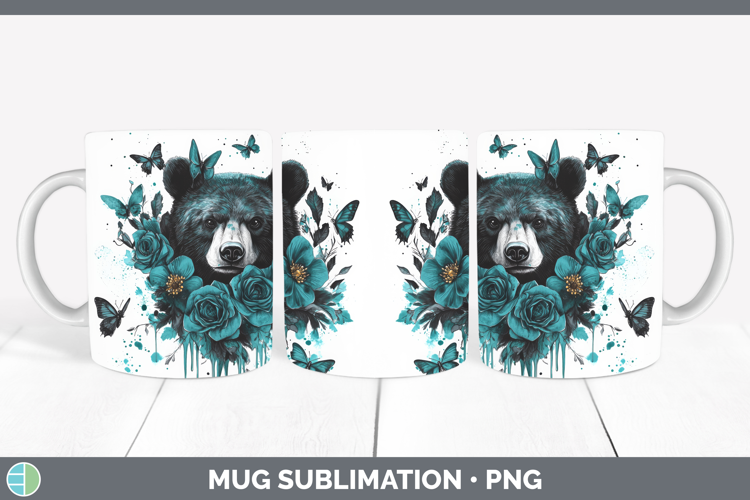 Bear Mug Wrap Animals Teal Drips Sublimation Coffee Cup Desi