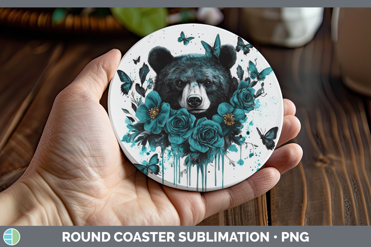 Bear Round Coaster Animals Teal Drips Sublimation Coaster De