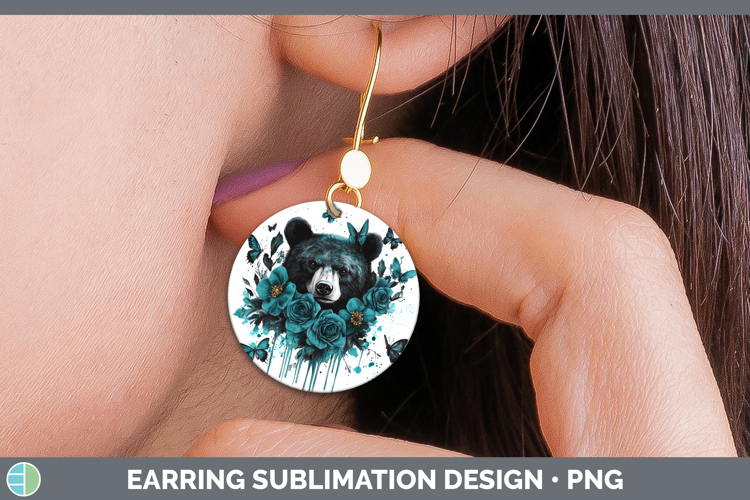 Bear Round Earrings Animals Teal Drips Sublimation Earrings