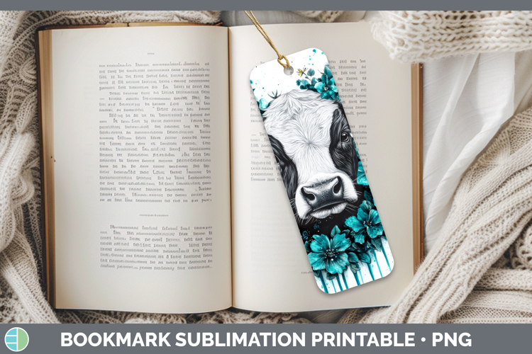 Cow Bookmark Animals Teal Drips Sublimation Printable Design