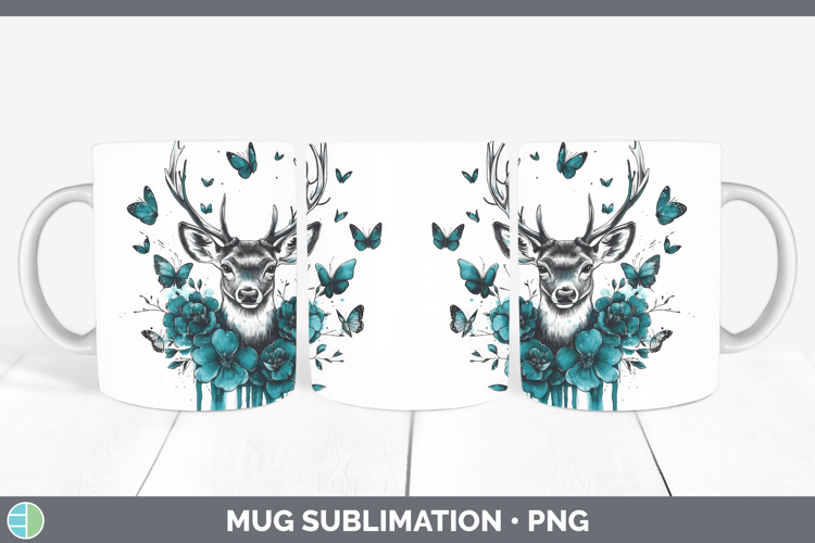 Deer Mug Wrap Animals Teal Drips Sublimation Coffee Cup Desi