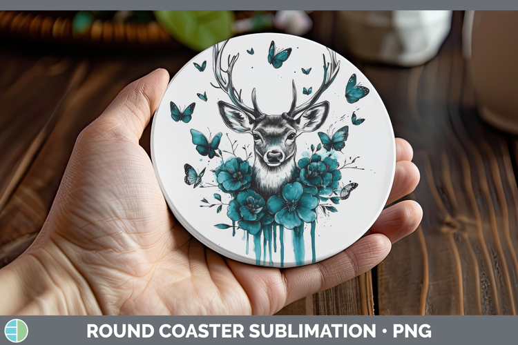 Deer Round Coaster Animals Teal Drips Sublimation Coaster De