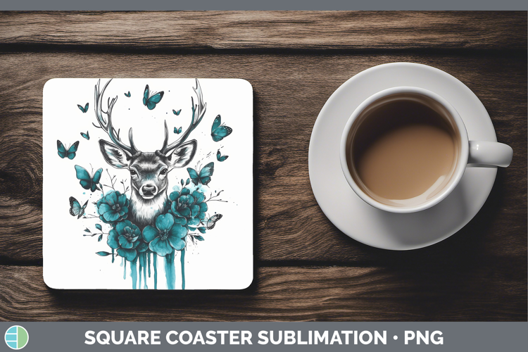 Deer Square Coaster Animals Teal Drips Sublimation Coaster D