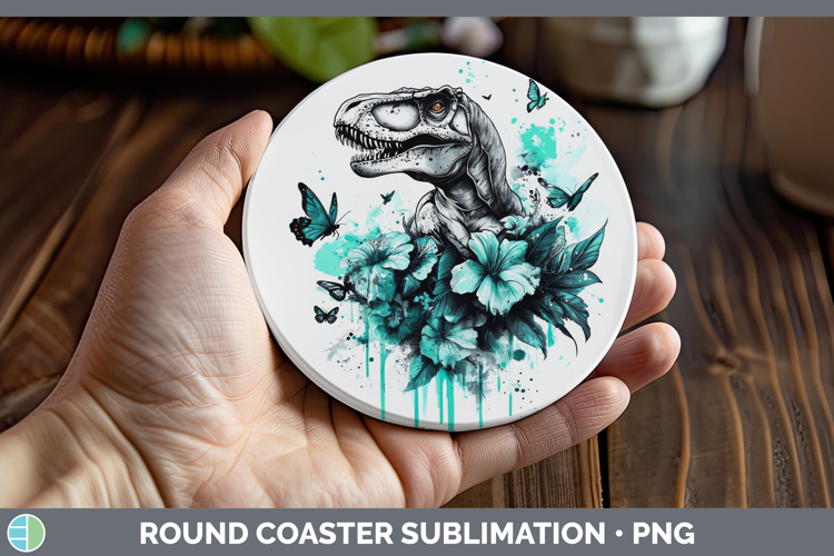 Dinosaur Round Coaster Animals Teal Drips Sublimation Coaste