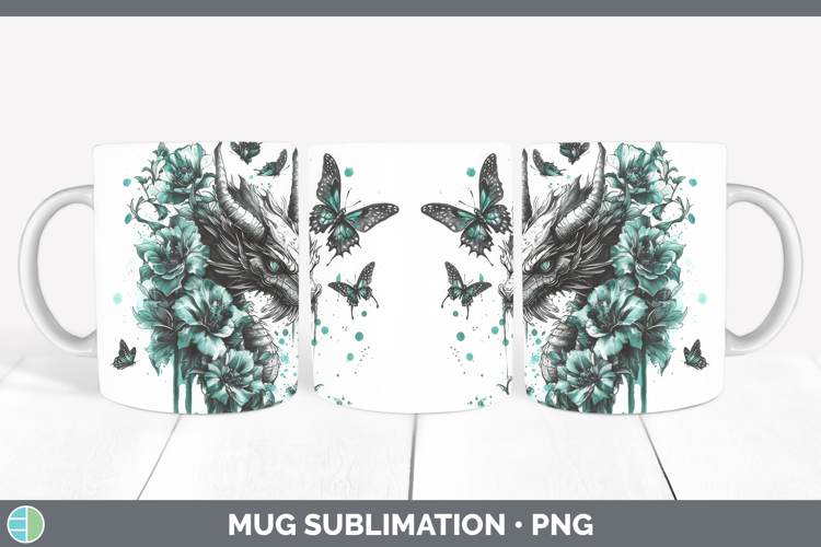 Dragon Mug Wrap Animals Teal Drips Sublimation Coffee Cup De