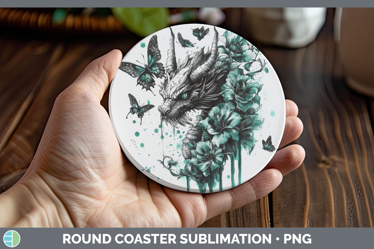 Dragon Round Coaster Animals Teal Drips Sublimation Coaster