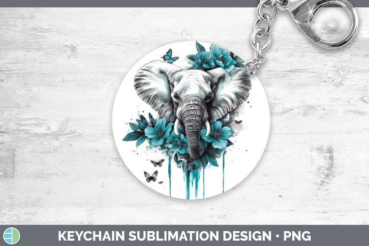 Elephant Keychain Animals Teal Drips Sublimation Keyring Des