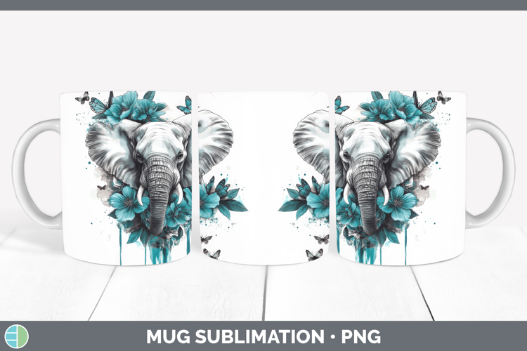 Elephant Mug Wrap Animals Teal Drips Sublimation Coffee Cup