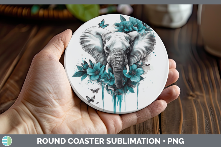 Elephant Round Coaster Animals Teal Drips Sublimation Coaste