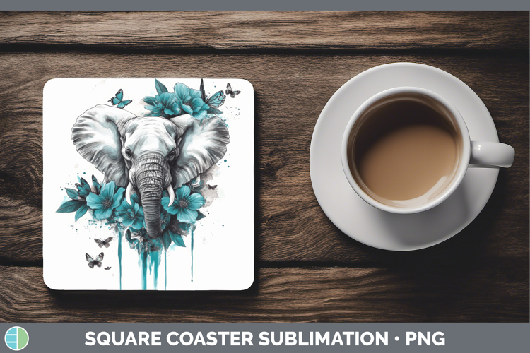 Elephant Square Coaster Animals Teal Drips Sublimation Coast