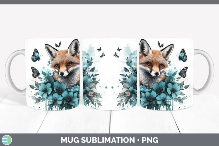 Fox Mug Wrap Animals Teal Drips Sublimation Coffee Cup Desig