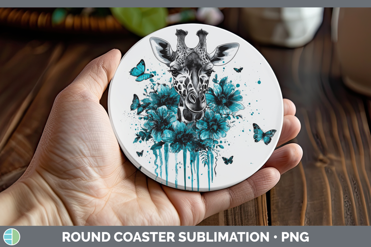 Giraffe Round Coaster Animals Teal Drips Sublimation Coaster