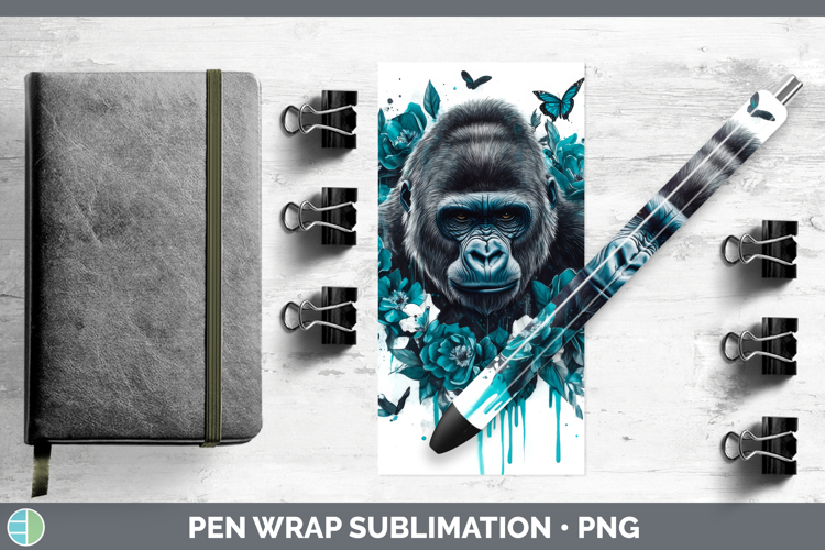 Gorilla Pen Wrap Animals Teal Drips Sublimation Pen Designs