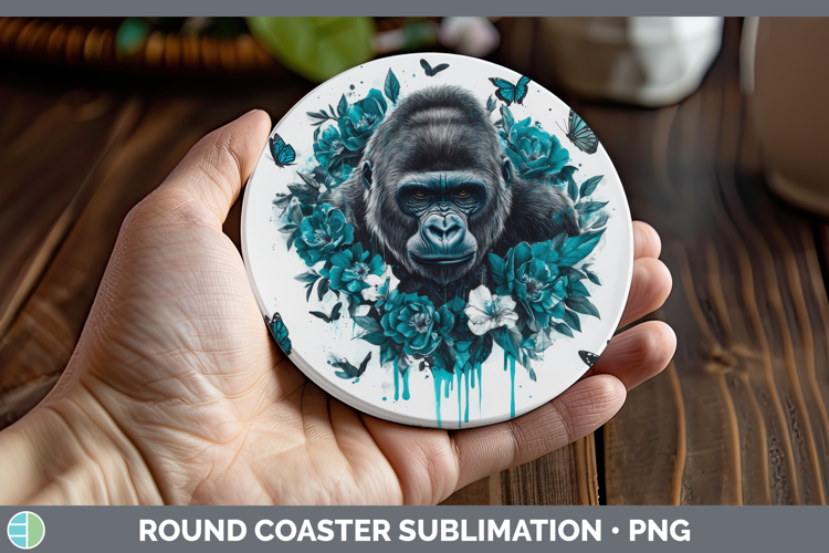 Gorilla Round Coaster Animals Teal Drips Sublimation Coaster