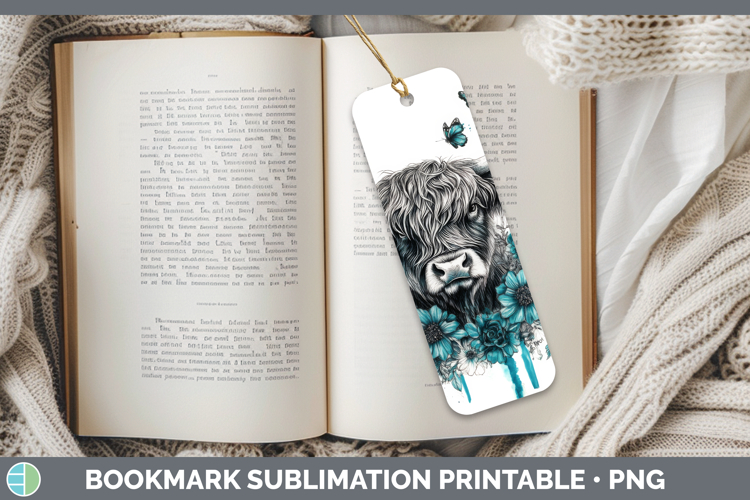 Highland Cow Bookmark Animals Teal Drips Sublimation Printab