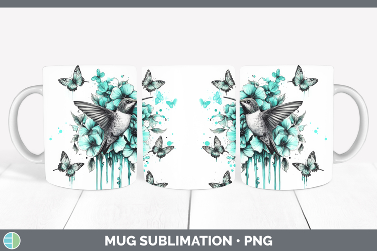Hummingbird Mug Wrap Animals Teal Drips Sublimation Coffee C