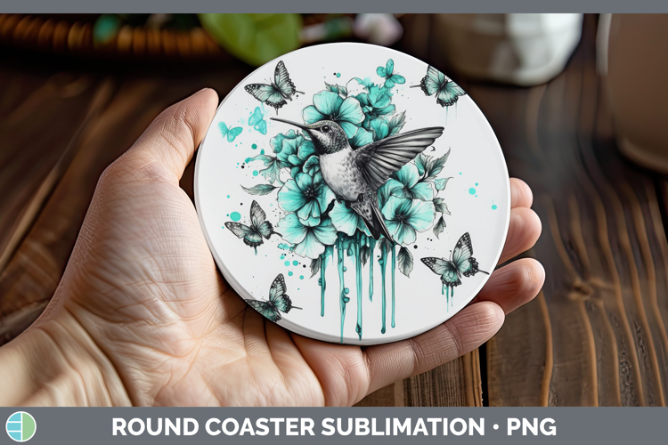 Hummingbird Round Coaster Animals Teal Drips Sublimation Coa