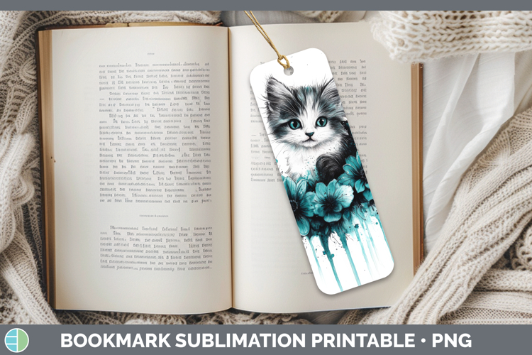 Kitten Bookmark Animals Teal Drips Sublimation Printable Des