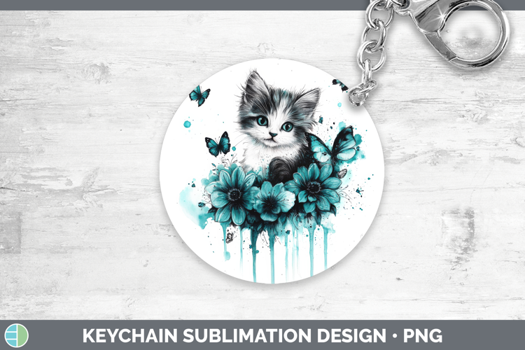 Kitten Keychain Animals Teal Drips Sublimation Keyring Desig