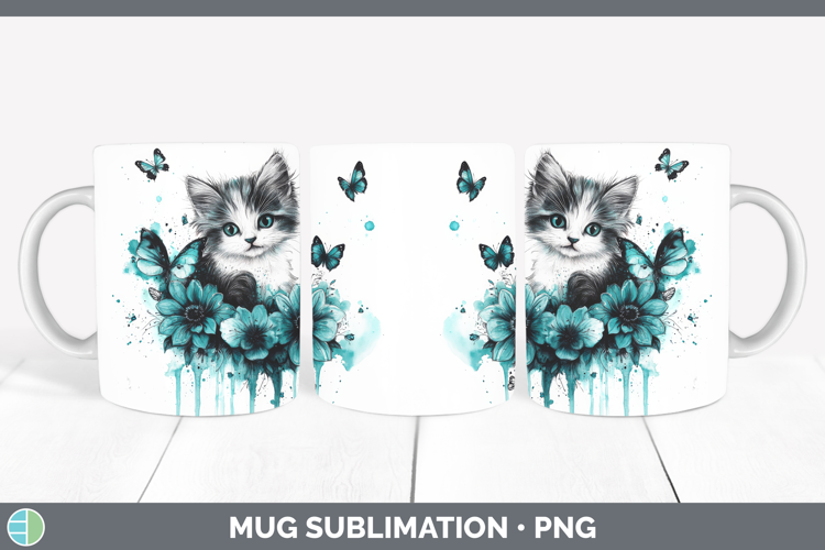 Kitten Mug Wrap Animals Teal Drips Sublimation Coffee Cup De