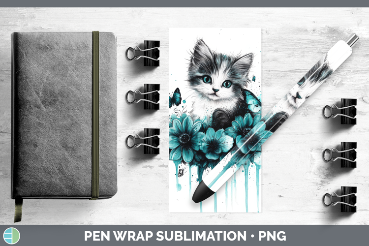 Kitten Pen Wrap Animals Teal Drips Sublimation Pen Designs